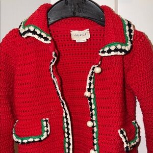 Gucci Vibrant Red Crochet Jacket with Pearl Accents